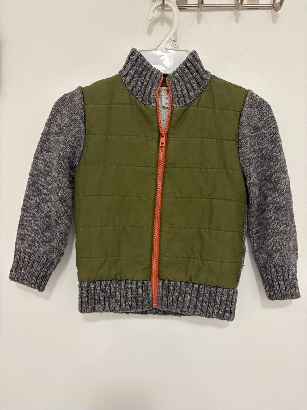 Cat & Jack Olive Green Quilted Front Sweater Jacket with Orange Zipper